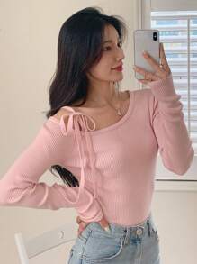 DAZY 女士系带露肩修身毛衣，秋季女装露肩上衣可爱上衣