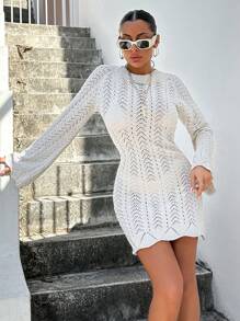 EURMUSE Women Long Sleeve Beige Cover Up Dress - Beige - View 3