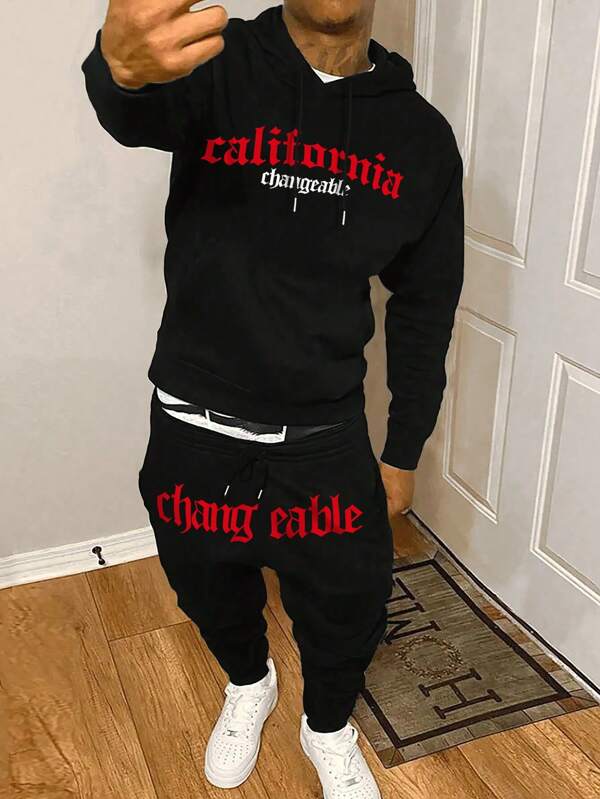 Manfinity EMRG Letter Print Hoodie Sweatshirt And Drawstring Pants Casual Suit