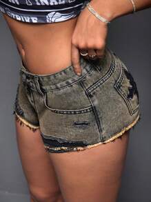 SHEIN ICON Summer Fashion Cross Embroidered Distressed Frayed Hem Ultra-Short Denim Shorts