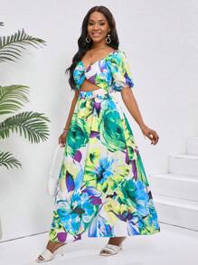 Chiquease Women's Diamond Neckline Twist Short Sleeve Allover Print Dress - Green - View 3