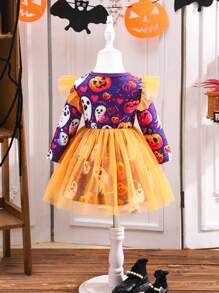 Váy công chúa bằng vải tuyn Halloween màu cam và tím cho bé gái, thích hợp để đi chơi dự tiệc và hóa trang - Màu tím - Xem 2