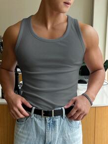 DAZY 男士純色圓領背心上衣 - 灰色 - 查看 4