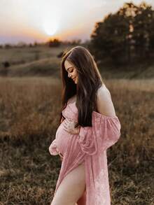 孕妇蕾丝灯笼袖高开衩摄影礼服，V领露肩长裙，适合拍摄 - 藕粉色 - 查看 8