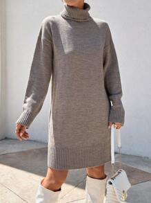 EURMUSE Knitwear Dress With Folded Neck - Mocha Brown - View 2