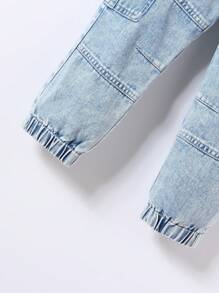 SHEIN Casuvi Kids Young Boy Retro Casual Street Style Cool Multi-Pocket Loose And Comfortable Full Elastic Waist Drawstring Cuff Denim Overalls, School, Campus, College Summer Holiday - Medium Wash - View 6