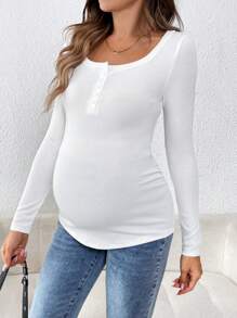 SHEIN Umstands-T-Shirt Einfarbig mit Rundhalsausschnitt, Knopfleiste vorne und langen Ärmeln - Weiss - Übersicht 4
