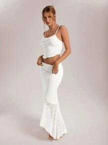 Aloruh Women's Spring Summer Holiday/Wedding Lace Asymmetric Hem Camisole Top And Low Waist Ruffle Hem Mermaid Skirt 2-Piece Set