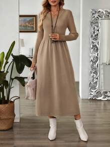 EMERY ROSE Women's V-Neck Knit Waist-Cinched Flared Long Sleeve Sweater Dress, Autumn/Winter Fall Women Clothes Office Dress - Brown - View 6