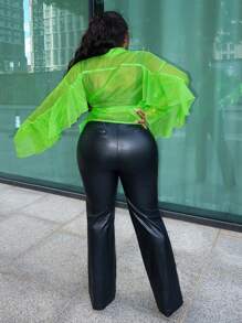 Slaydiva Camisa de mujer semitransparente de manga larga, de chifón, color verde fluorescente, con cuello con solapas, tirantes y decoración de volantes, elegante y casual