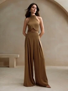 Anewsta 2 piezas Conjunto de top sin mangas con decoración de cadena de estilo minimalista y pantalones de pierna ancha para mujer