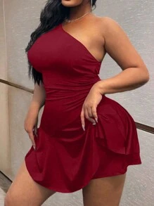 Maweii 大码女式纯色针织不对称性感连体裤新年服装 - 紅色 - 查看 4