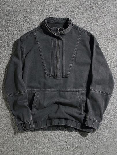 PAVTROS Men's Spring And Autumn Solid Color Zipper Half Placket Long Sleeve Casual Denim Jacket