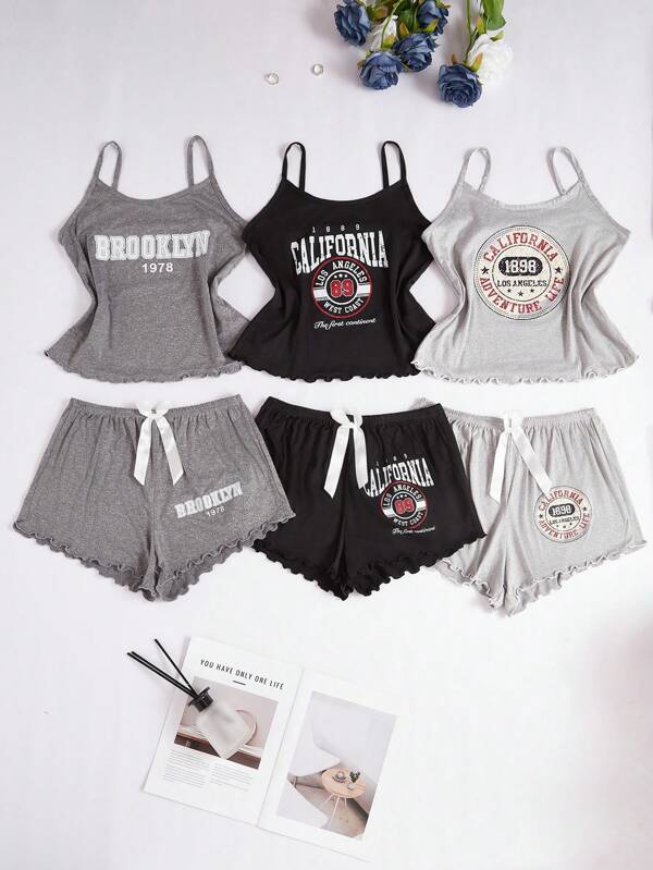3pcs Women Fashion Slogan Print Camisole & Bow Tie Waist Shorts Set Bow Tie