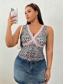 SHEIN EZwear Plus Size Leopard Print Mesh Lace Trim Cami - Brown - View 5