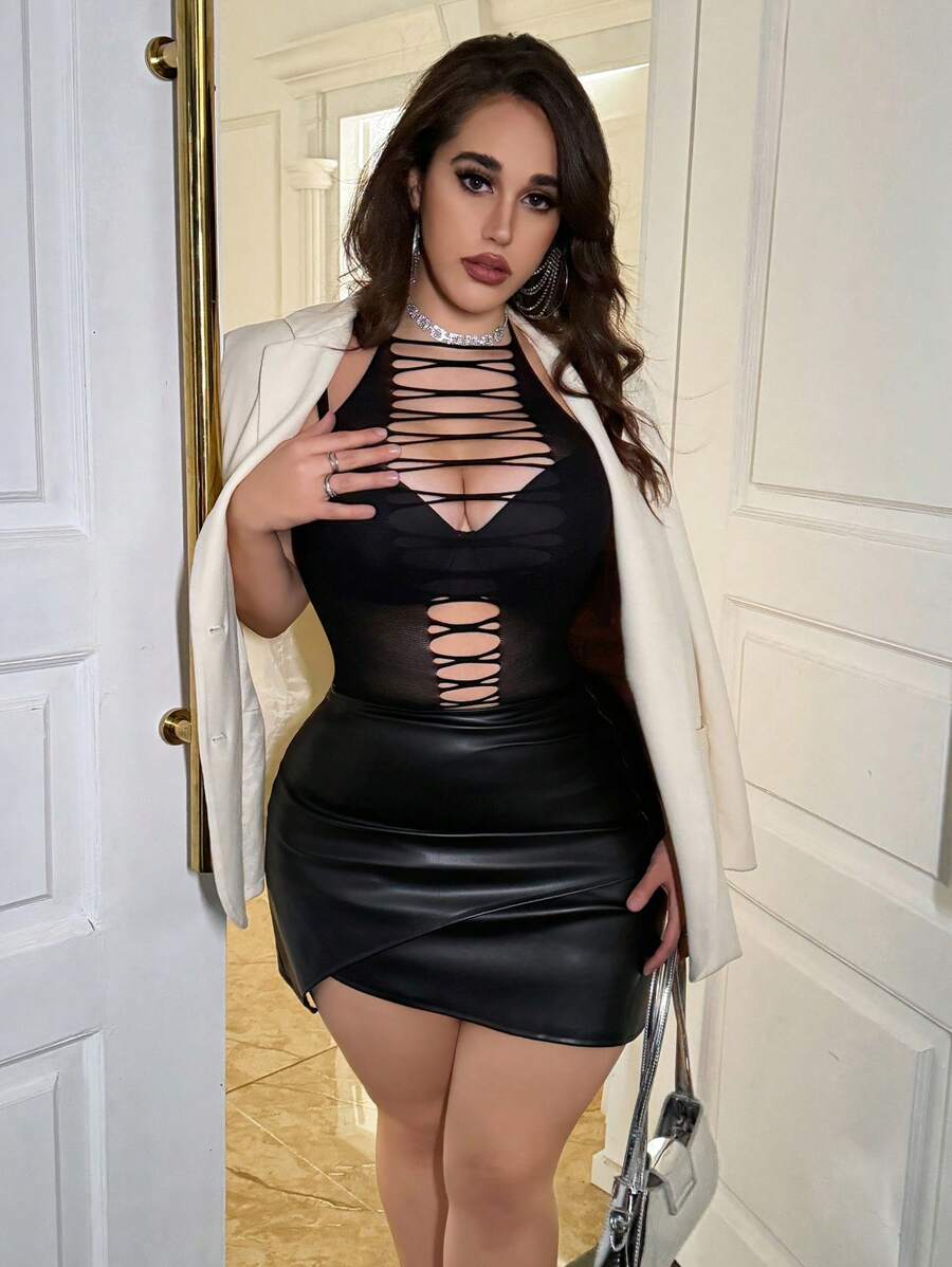 Allurite Plus Size Sexy Lingerie Tight One-Piece Fishnet Backless Sleeveless Bikini - Black - View 1