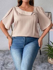 SHEIN Unity Plus Size Women's Solid Color Minimalist Daily Wear Split Cuff Blouse - Khaki - View 6
