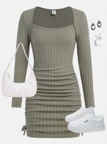 SHEIN Girlism Vestido casual de manga larga con cintura fruncida de punto acanalado verde del ejército para niñas adolescentes, principios de otoño