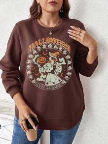 SHEIN LUNE Plus Size Letter & Cartoon Graphic Sweatshirt For Autumn & Winter Halloween Sweatshirt For Autumn & Winter Pumpkin Shirt Travel Outfit Airport