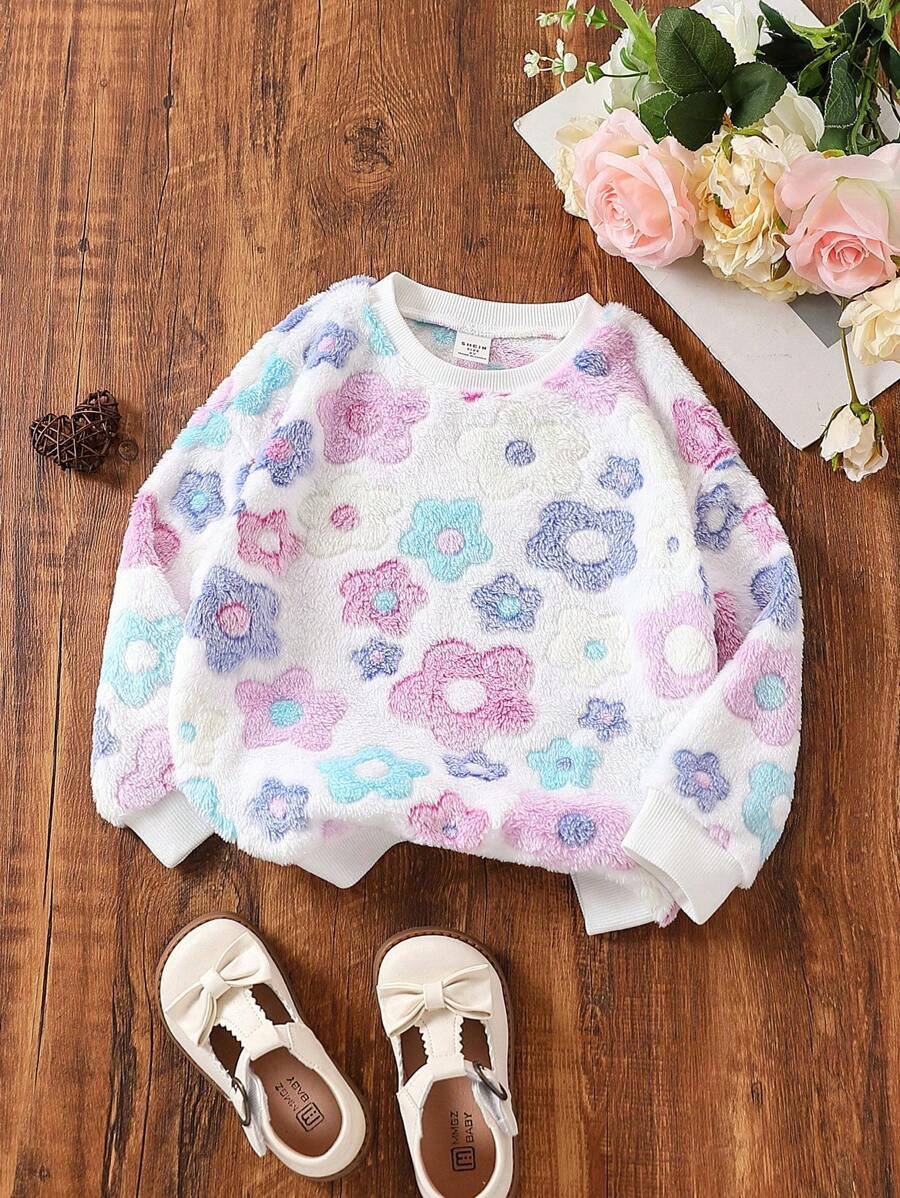 SHEIN Young Girl & Girl Floral Fuzzy Pullover Sweatshirt, Suitable For Pairing With Various Pants, Skirts And Jackets, Versatile And Excellent Cost-Performance, Suitable For Everyday Wear