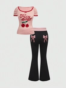 ROMWE Kawaii 女式可爱插肩短袖 T 恤，带字母和樱桃印花，学校 - 粉色 - 查看 2