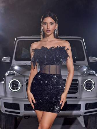 天鹅绒亮片网眼羽毛拼接露背美人鱼拉链后背紧身派对礼服，优雅鸡尾酒半正式舞会礼服，适合生日、婚礼嘉宾、毕业典礼、晚宴、返校节