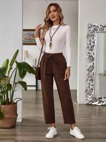 EMERY ROSE 女式休闲松紧腰灯芯绒直筒裤，秋季 - 咖啡棕 - 查看 3