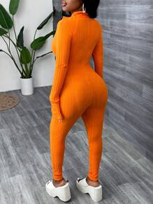 Slaydiva Minimalist Casual Basic Athletic Mock Neck Zippered Long Sleeve & Ankle Cuff Ribbed Stretchy Fitted Jumpsuit - Orange - Orange - View 2