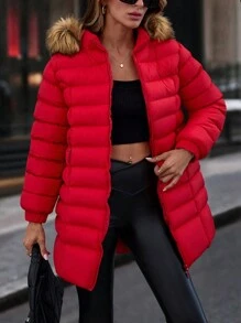 SHEIN Cottnline Zip Up Slant Pockets Padded Coat With Fur Hood - Red - View 9