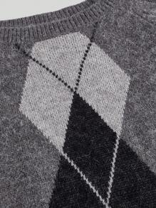 SHEIN MOD 女士灰色流苏边菱形图案针织毛衣，返校季，秋季针织套头衫，秋季女士毛衣 - 灰色 - 查看 3