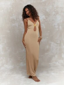 MISSGUIDED Metal Broch Textured Plunge Cut Out Neck Backless Cami Bodycon Dress - Khaki - View 1