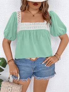 Breezaya 大码假日休闲撞色蕾丝拼接泡泡袖衬衫