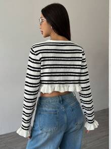 Flirla Women's Spring And Autumn Casual Contrast Striped Ruffled Short Cardigan - Black and White - View 2