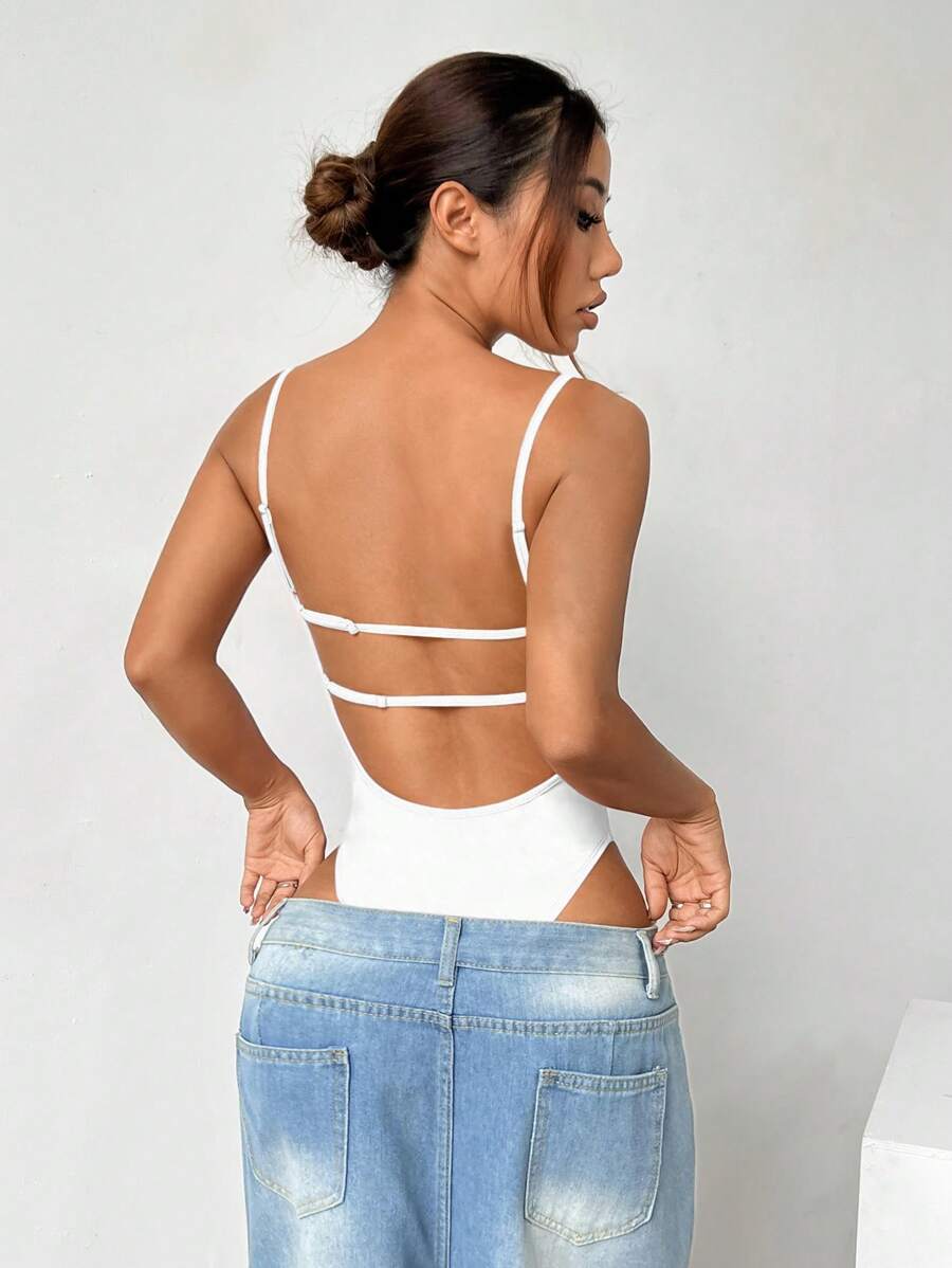 SHEIN EZwear Knitted Sleeveless Bodysuit - White - View 1