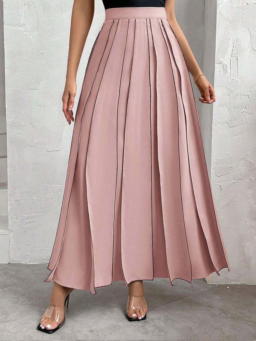 SHEIN Privé Falda larga casual de contraste de color para mujer en primavera y verano - Rosa - Ver 1