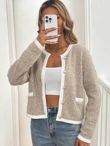 EMERY ROSE Short Pocket Knitted Cardigan Sweater,Long Sleeve Tops Fall Winter Cloth For Women - Camel - View 5