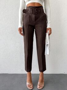 EURMUSE Belted Cropped Pants - Brown - View 1