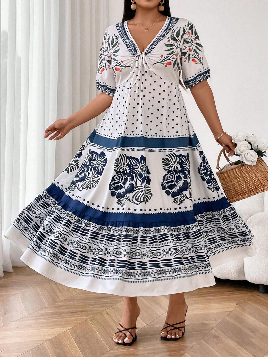 SHEIN Clasi Plus Size Women's Positioning Print Long Dress - Blue and White - View 1