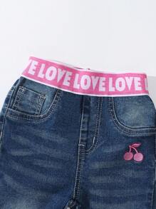 女婴复古水洗可爱甜美拼布粉色腰带樱桃刺绣弹力牛仔裤