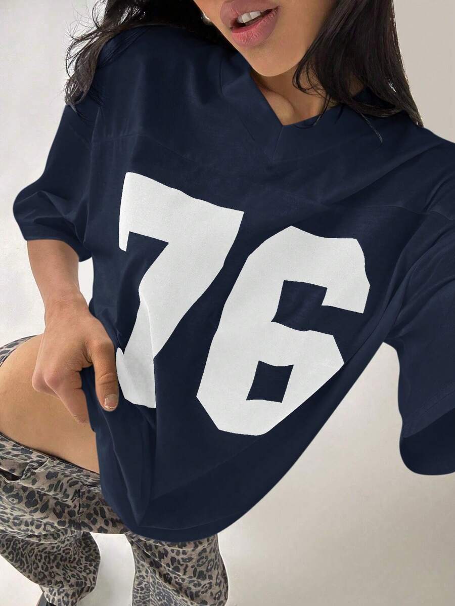 INAWLY Áo thun ngắn tay in số cho nữ - Màu xanh hải quân - Xem 1