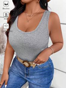 SHEIN VCAY Plus Size Fall/Winter Knit Round Neck Built-In Bra Layering Knit Tank Top