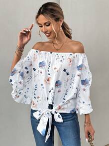 SHEIN LUNE Women's Resort Floral Print Long Sleeve Off Shoulder Shirt