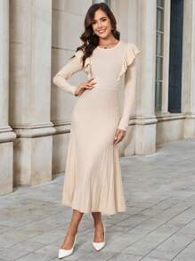 SHEIN Clasi 女式圓領長袖A字裙，下擺褶邊設計 - 卡其色 - 查看 1