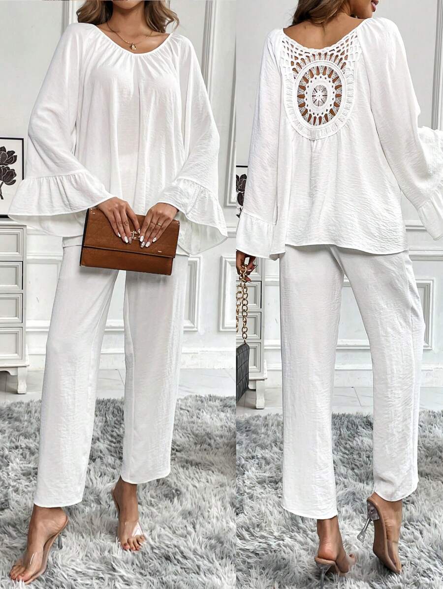 Chiquease 2pcs Women Casual White Outfit With Lace Patchwork Ruffle Hem Detail, For Autumn - White - View 1