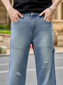 Manfinity Homme Men's Button Waistband Straight Leg Distressed Design Fashion Jeans - Blue - View 4