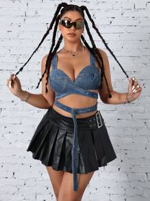 Áo crop top denim buộc chéo lưng cỡ lớn gợi cảm dành cho nữ cao bồi - Màu xanh lam - Xem 1