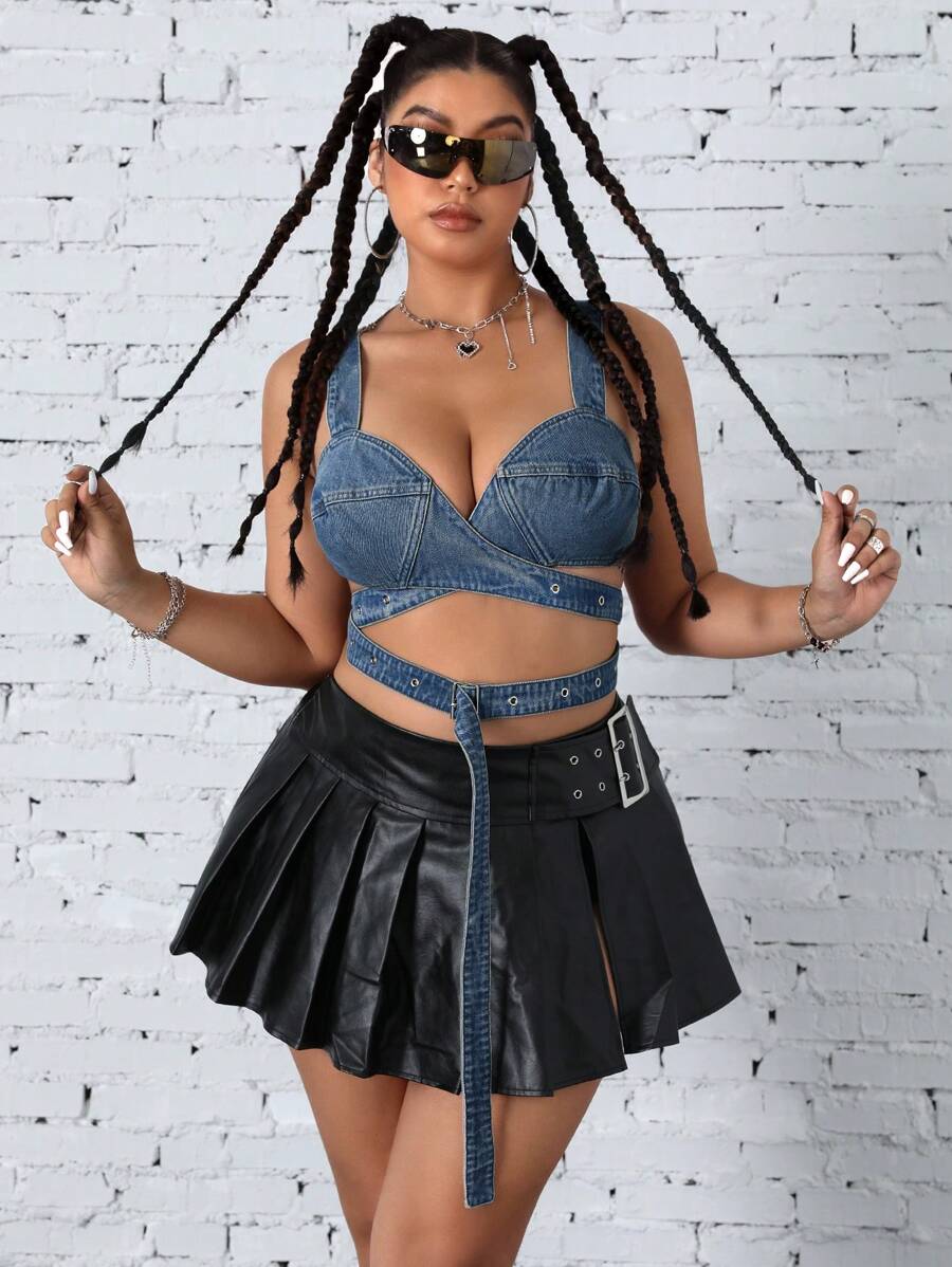 Áo crop top denim buộc chéo lưng cỡ lớn gợi cảm dành cho nữ cao bồi - Màu xanh lam - Xem 1