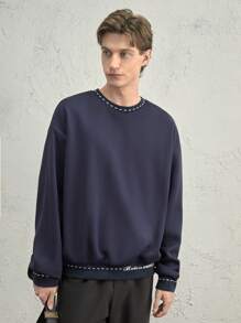 AKNOTIC Business Casual Men's Casual Loose Crew Neck Sweatshirt With Letter Print - Blue, For Fall Winter - Navy Blue - View 7