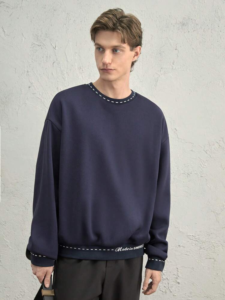 Men's Casual Loose Crew Neck Sweatshirt With Letter Print - Blue, For Fall Winter