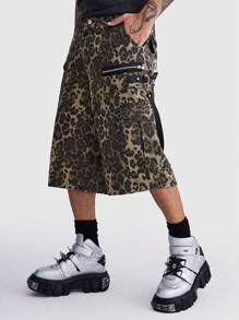 ROMWE MEN Street Life 男士豹纹迷彩印花七分牛仔裤，街头朋克风格 - 駝色 - 查看 8